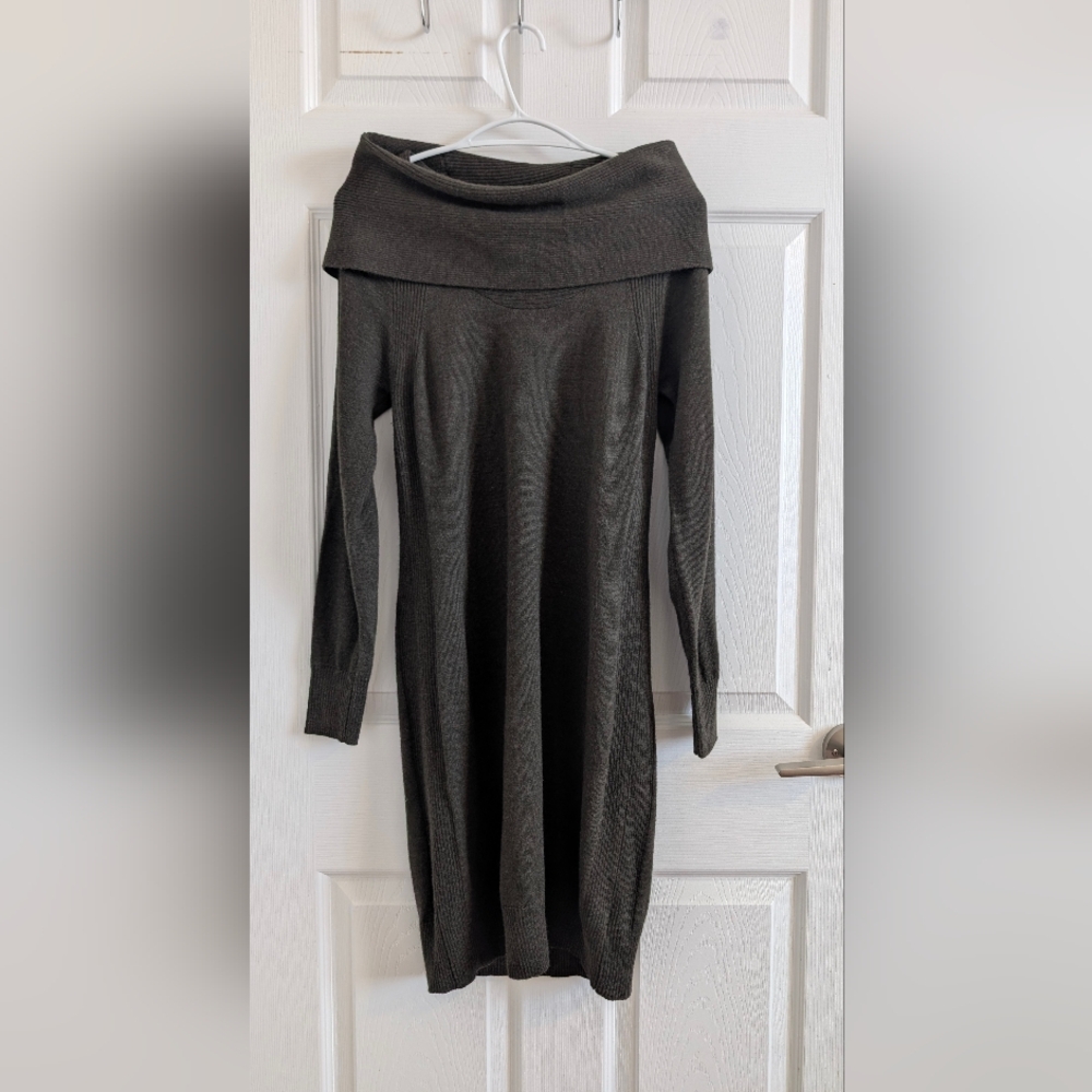Paul Costelloe Merino Wool Sweater Dress Olive Green Cowl Neck Knit Midi Size M